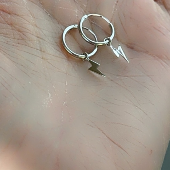 Rhodium Huggie Lightning Bolt Hoops - Picture 7 of 9